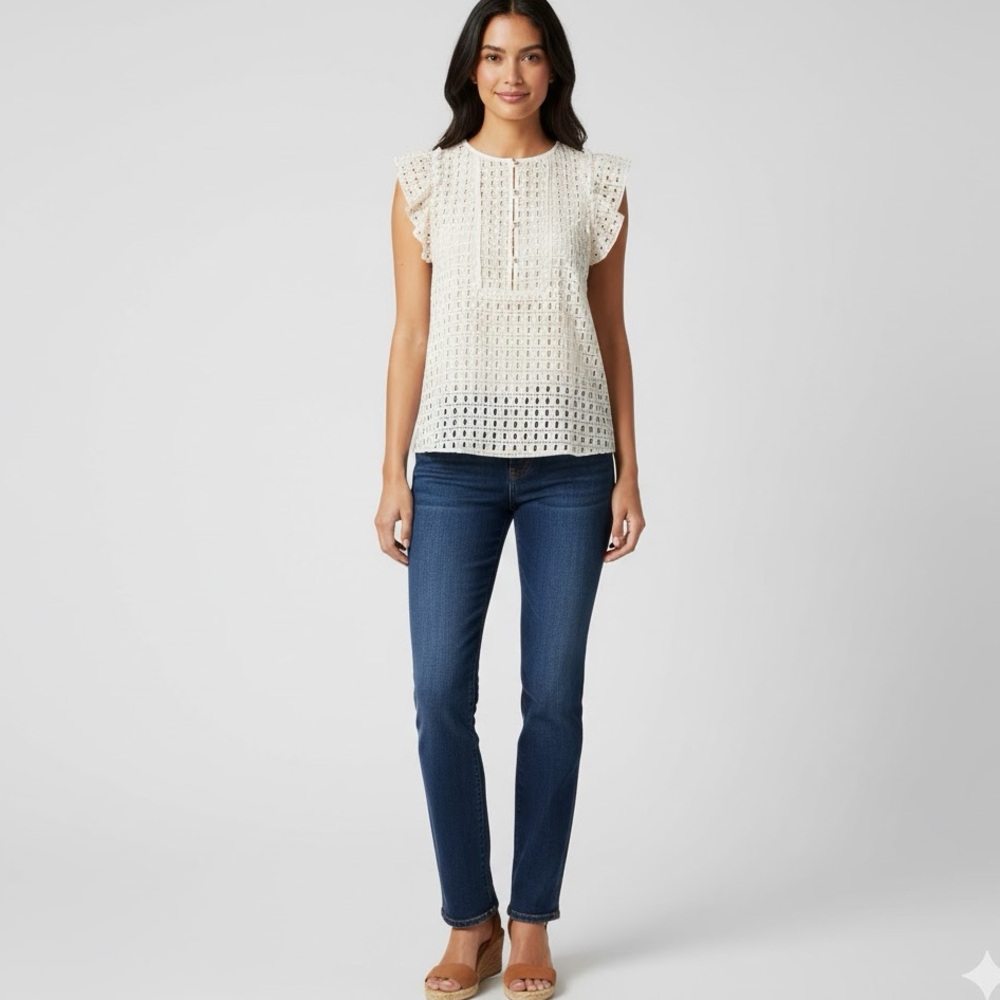 NEW BANANA REPUBLIC Elegant Cream Lace Women's Top BLOUSE EYELET CROCHET SZ MED - Picture 3 of 17
